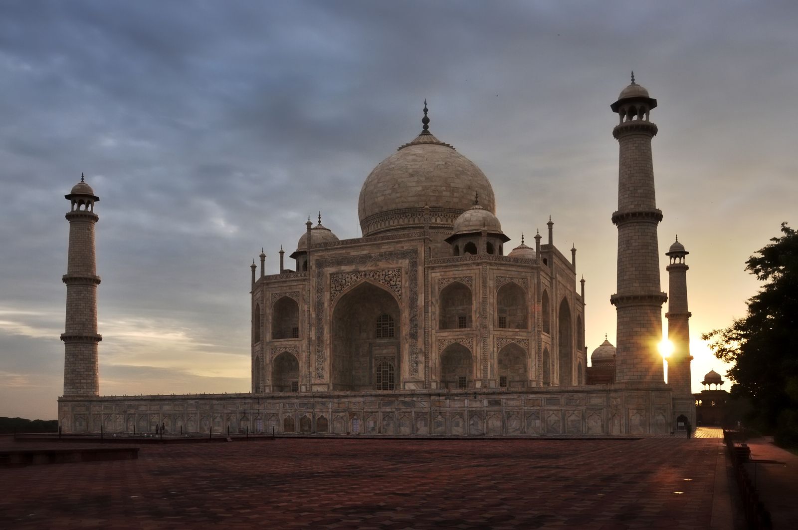 The Taj Mahal glowing soft pink in the first light of sunrise above its garden
