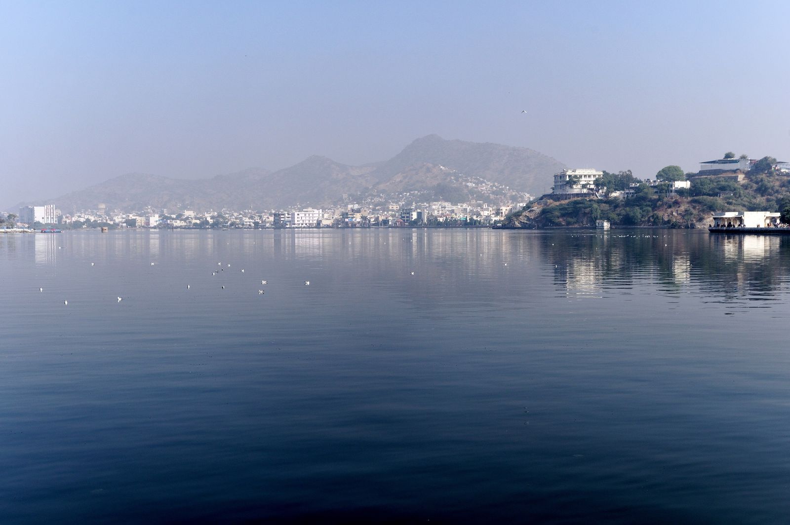The white marble Baradari pavilions on the shore of Ana Sagar lake in Ajmer