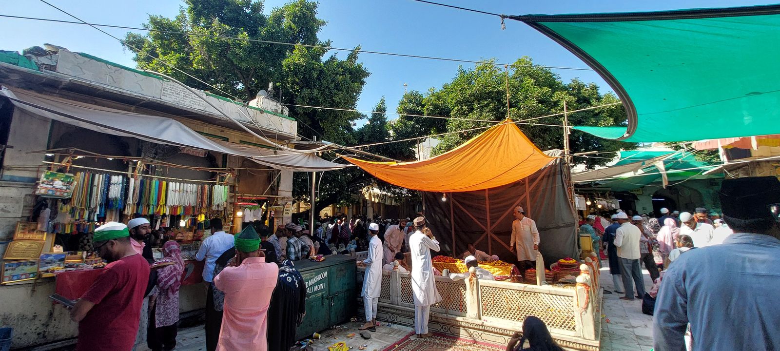 The white dome and courtyards of Ajmer Sharif Dargah crowded with pilgrims