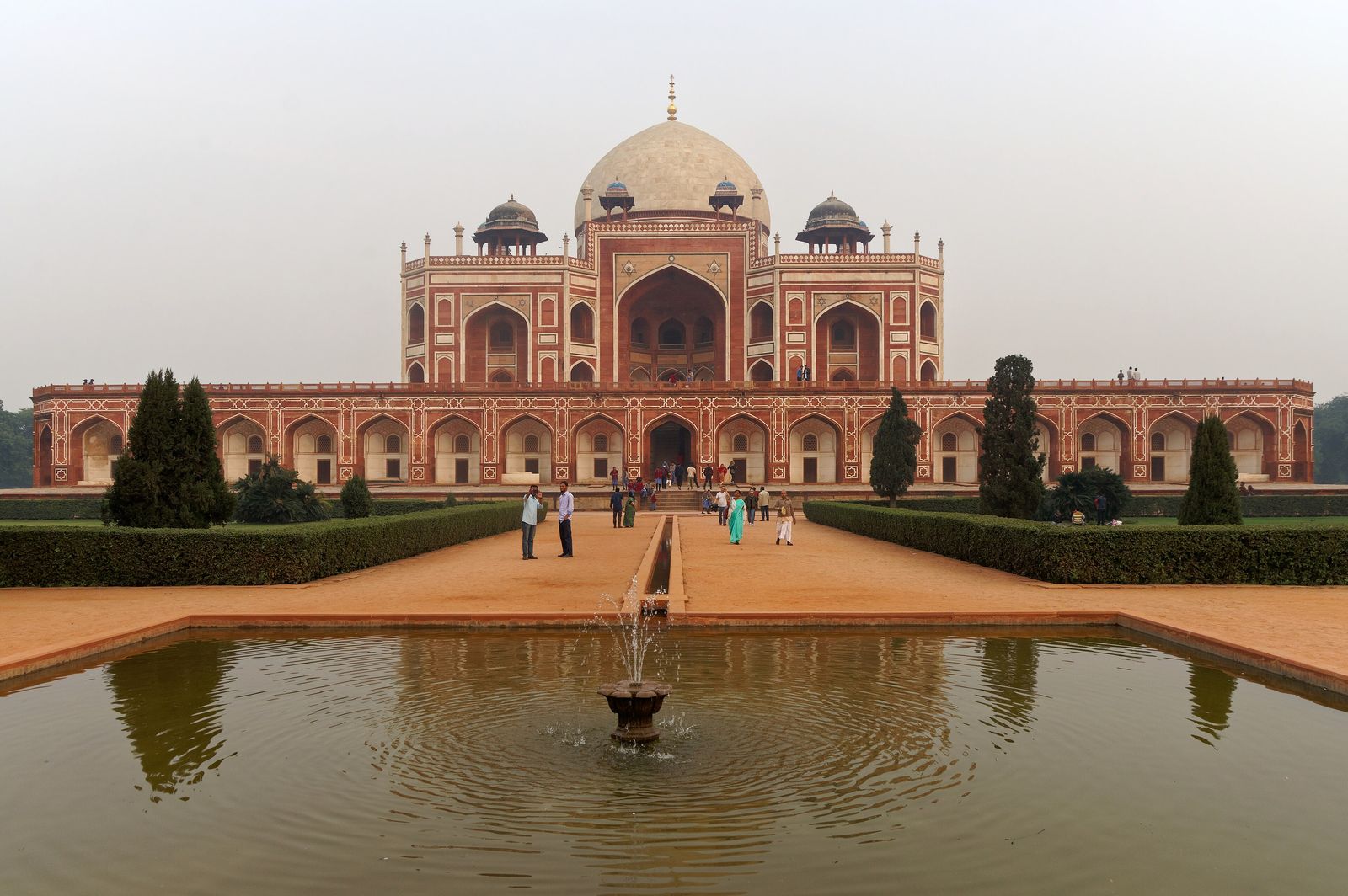 The red sandstone and white marble dome of Humayun's Tomb rising above its Mughal garden in Delhi