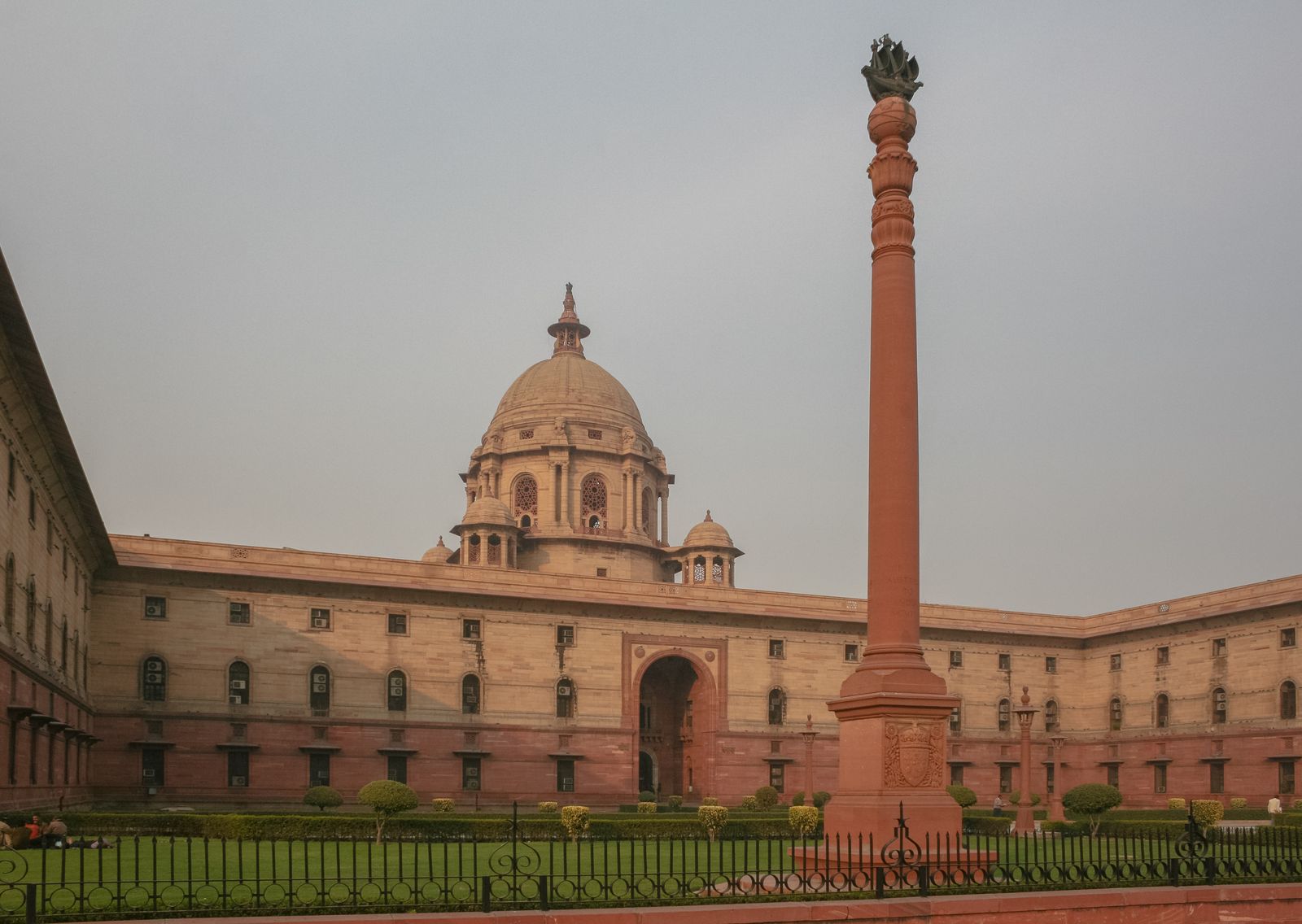 The domed sandstone facade of Rashtrapati Bhavan on Raisina Hill at the end of Kartavya Path in New Delhi