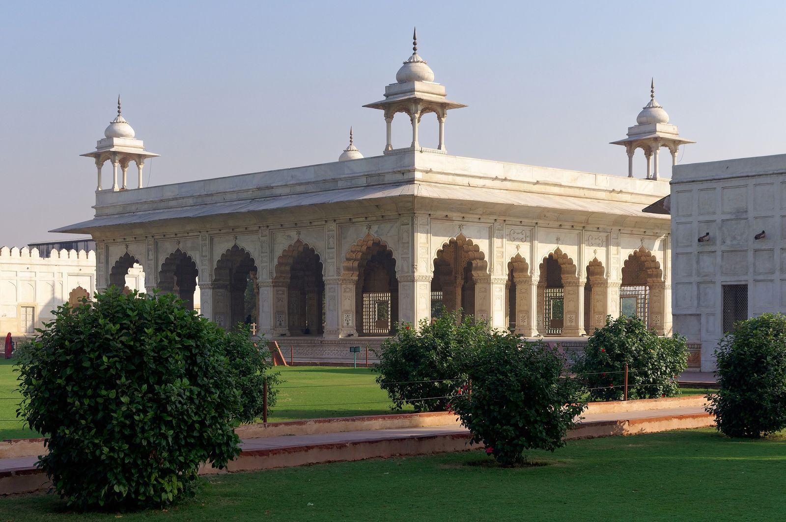 The white marble arches and inlaid piers of the Diwan-i-Khas, the hall of private audience in Delhi's Red Fort