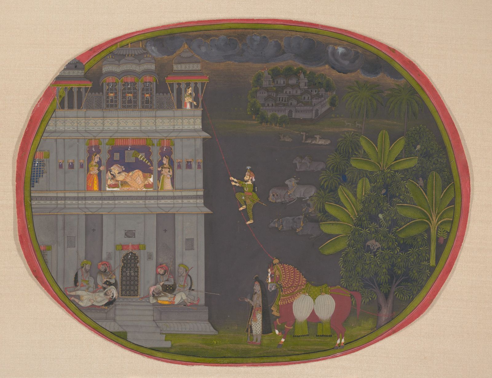 A Deogarh-school miniature painting of a nobleman climbing a rope at night