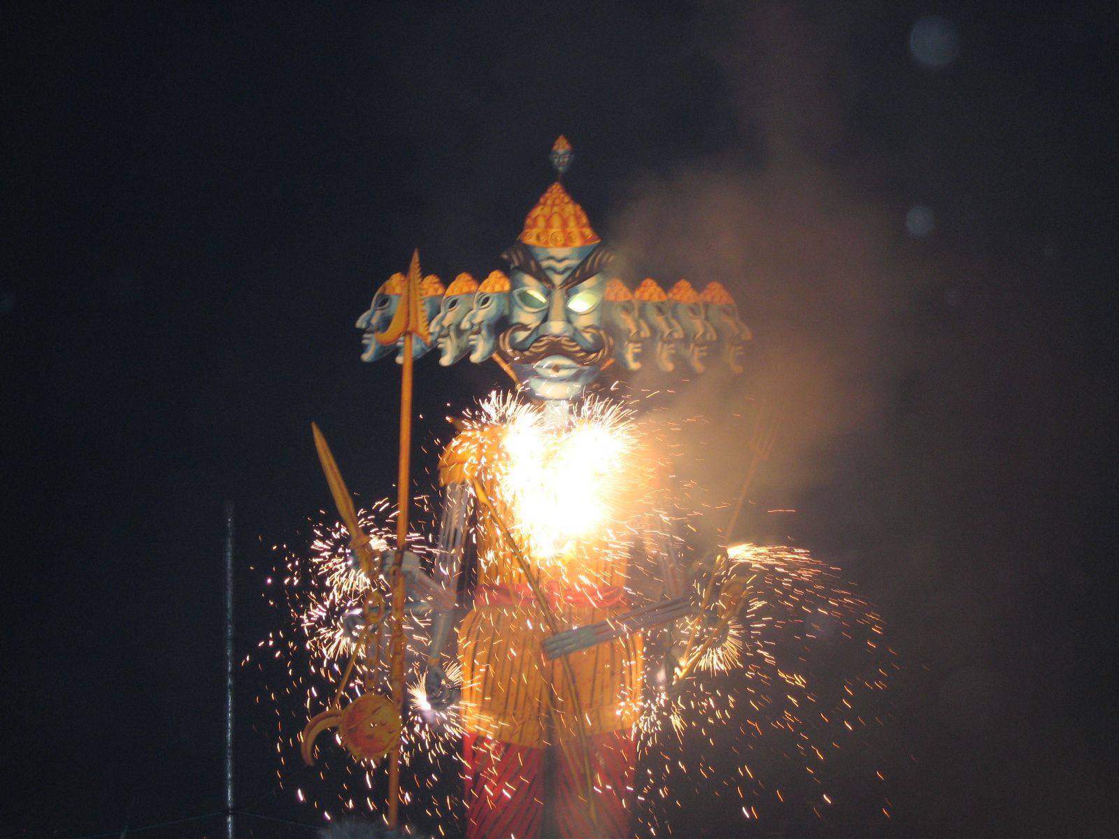 A Ravana effigy bursting into fireworks on Dussehra night