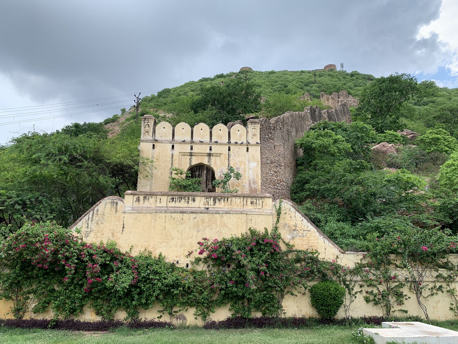 The carved marble and sandstone chhatris of the royal cenotaphs at Gaitore, at the foot of the hills near Jaipur