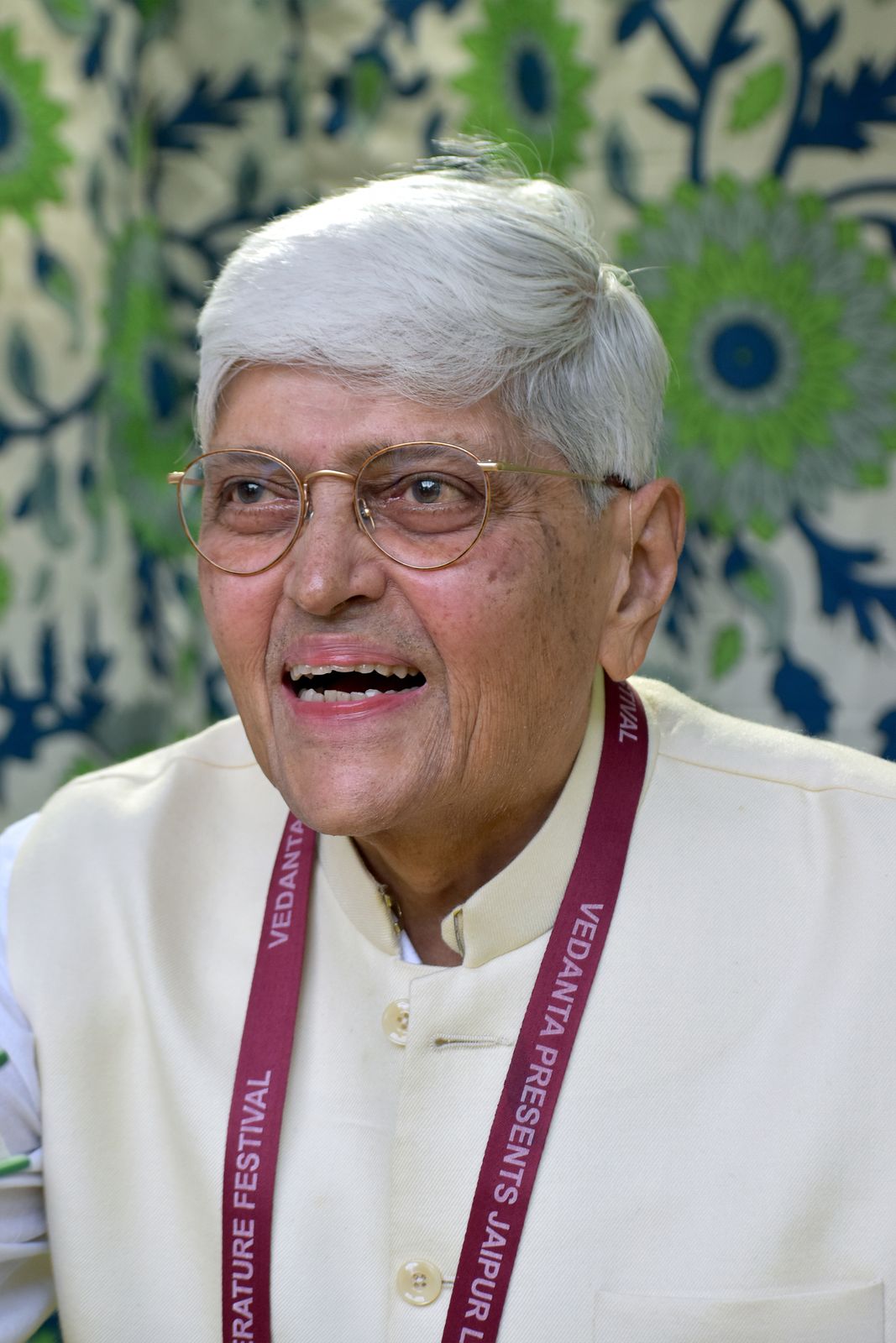 A speaker on stage at the Jaipur Literature Festival