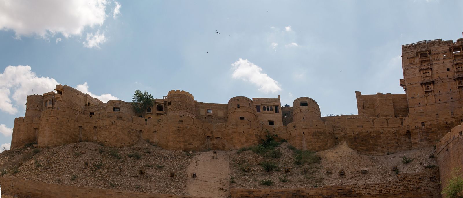 Rounded sandstone bastions along the south-east wall of Jaisalmer Fort