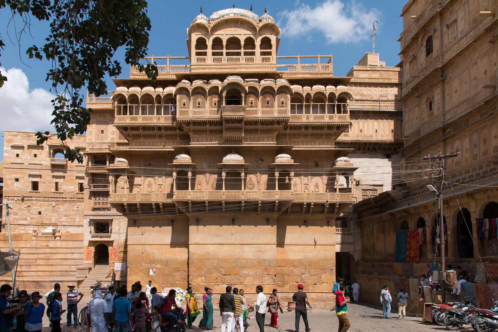 The carved sandstone front of the royal palace inside Jaisalmer Fort above Dussehra Chowk