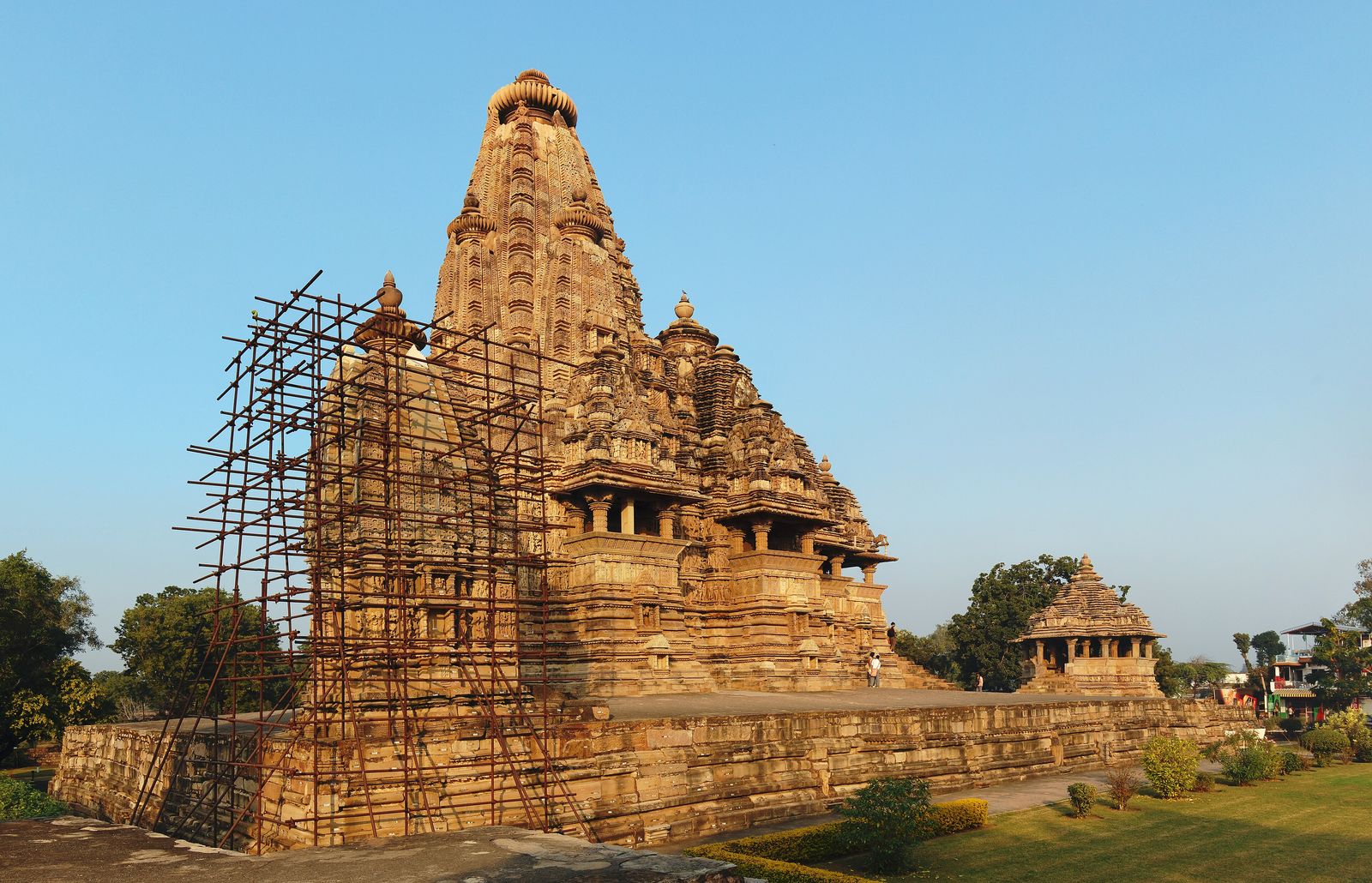 The Vishvanatha temple at Khajuraho on its high stone platform with its Nandi pavilion in front