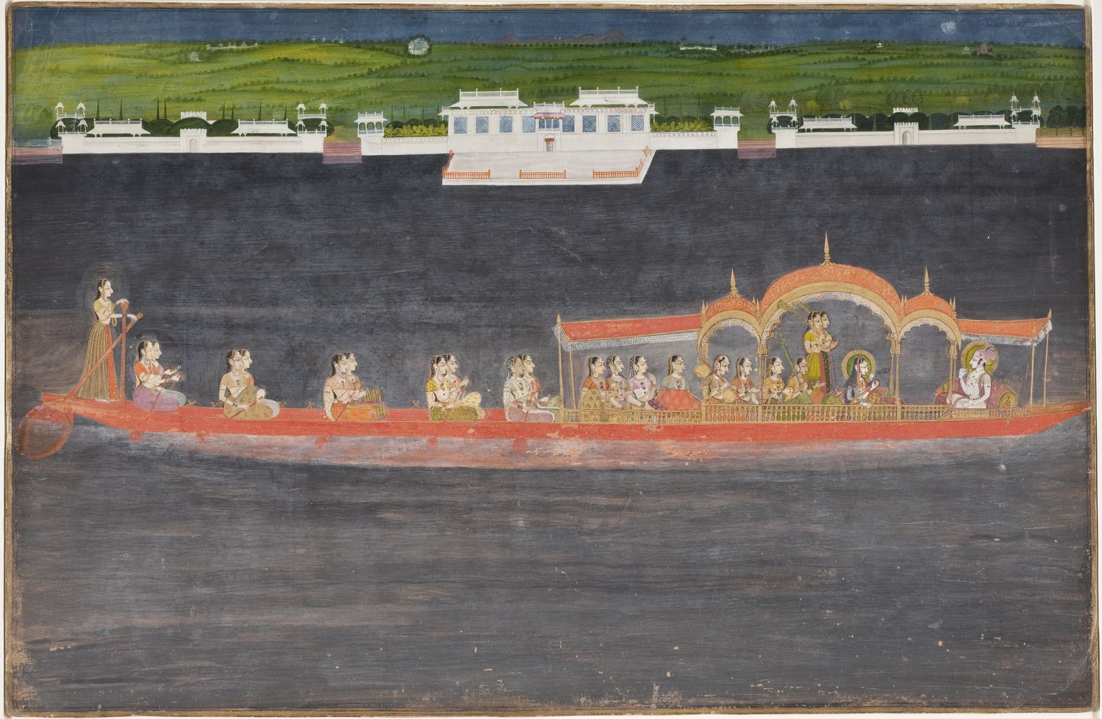 An eighteenth-century Kishangarh painting of Sawant Singh and Bani Thani as Krishna and Radha boating on Lake Gundalao