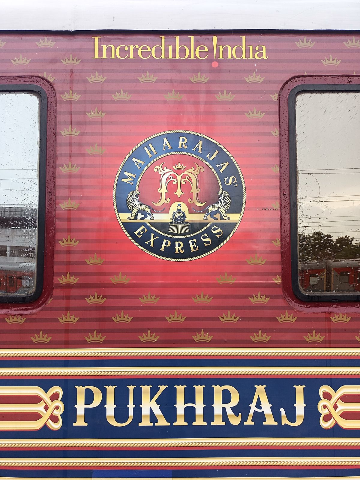 The Maharajas' Express luxury train at a station platform
