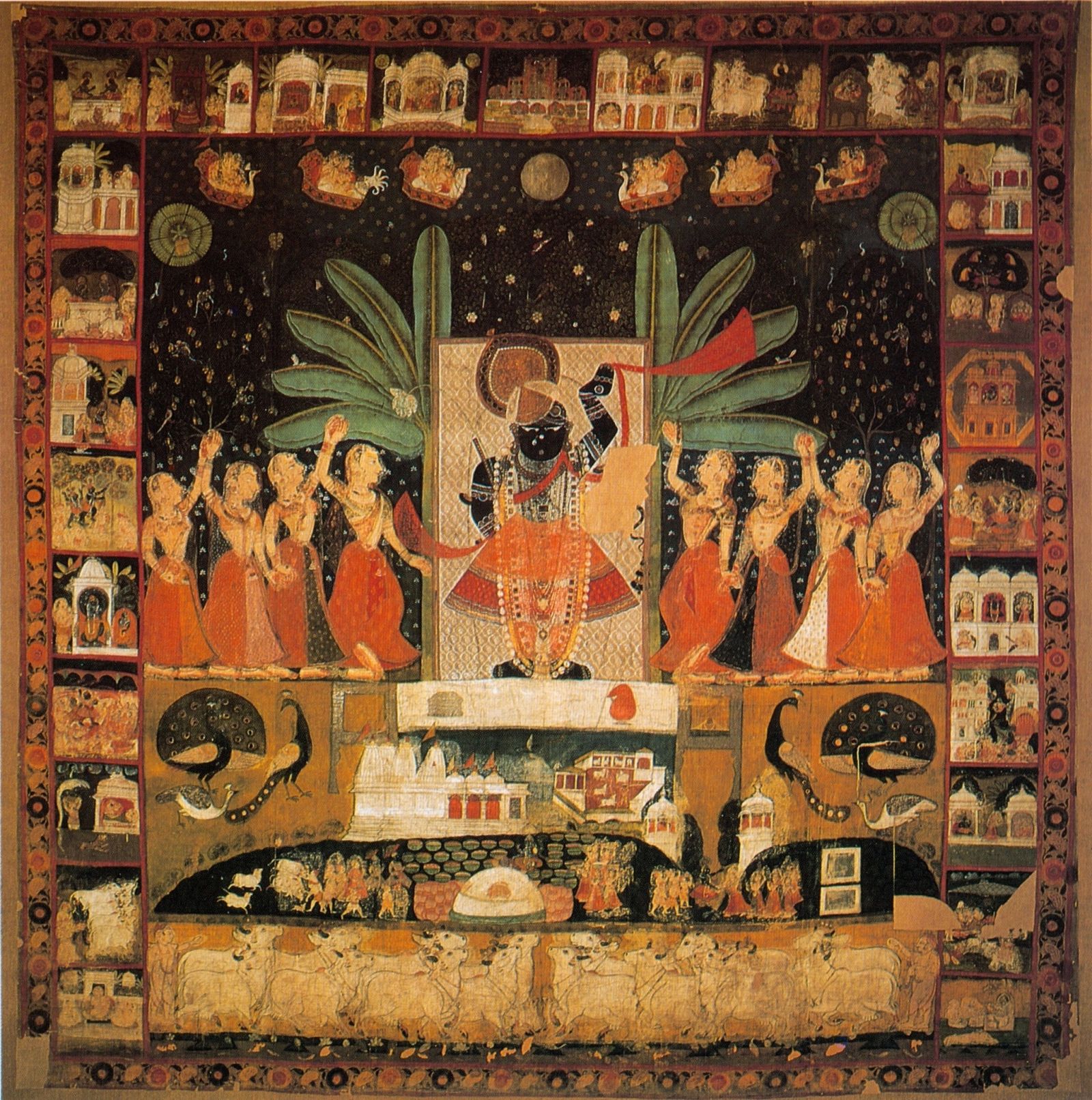 A nineteenth-century pichwai from Nathdwara showing Shrinathji with dancing gopis