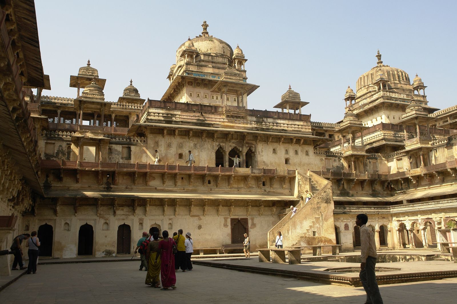 The domed corner towers of Jahangir Mahal rising above the fort complex at Orchha