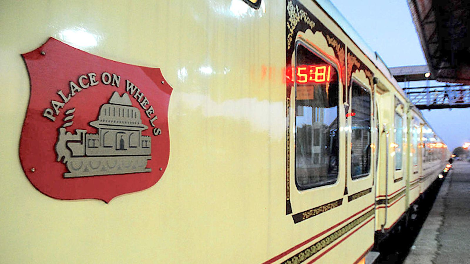 The Palace on Wheels luxury train standing at a railway platform in Rajasthan