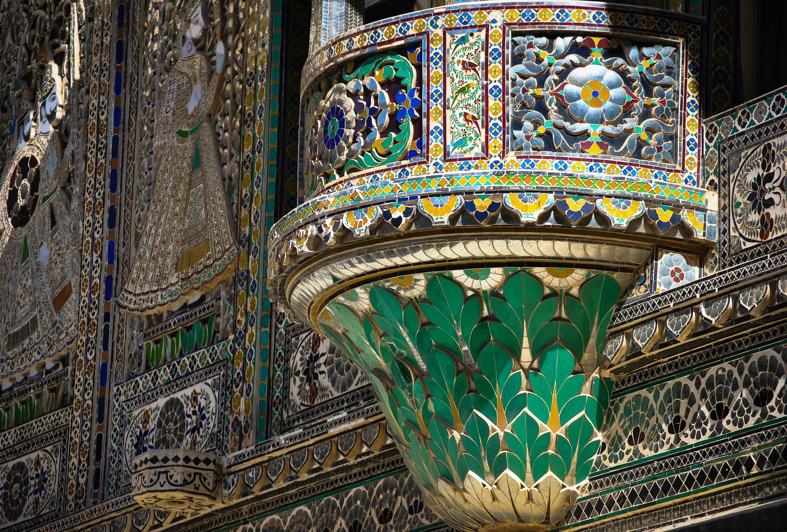 Glass mosaic peacocks and a jewelled balcony in Mor Chowk, the peacock courtyard of the City Palace in Udaipur