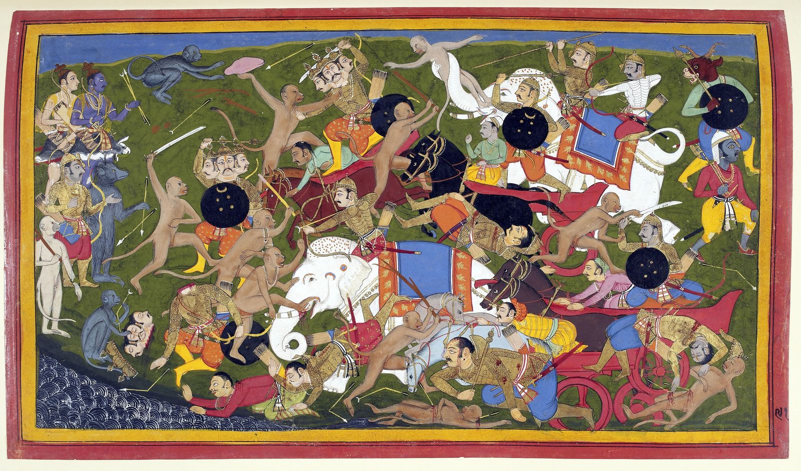 A seventeenth-century Mewar miniature painting of the battle at Lanka from the Ramayana